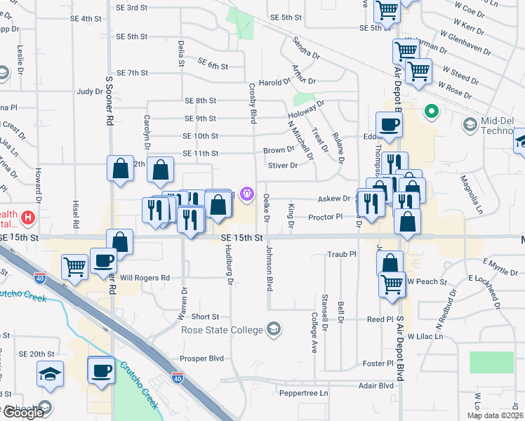 map of restaurants, bars, coffee shops, grocery stores, and more near 1505 Oelke Drive in Midwest City