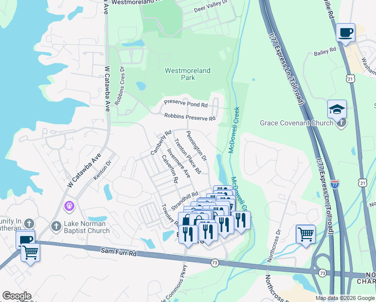 map of restaurants, bars, coffee shops, grocery stores, and more near 15814 Trenton Place Road in Huntersville