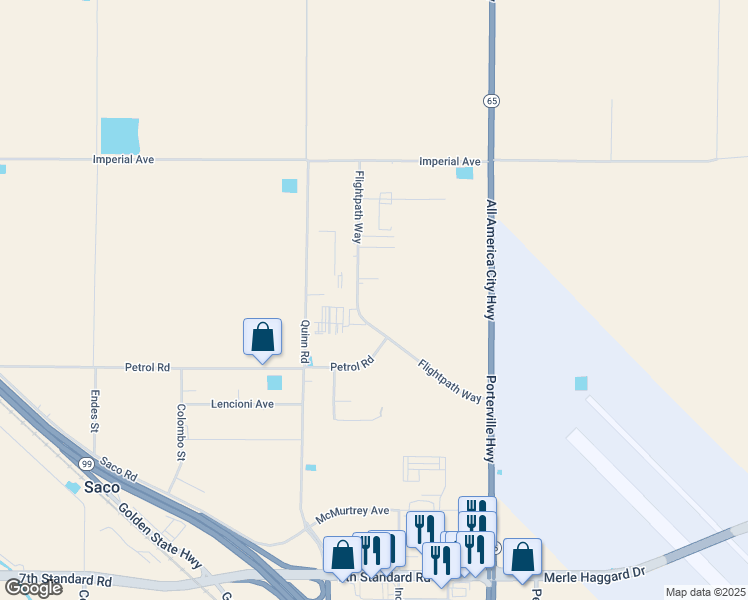map of restaurants, bars, coffee shops, grocery stores, and more near 19466 Flightpath Way in Bakersfield