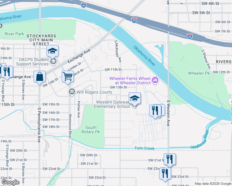 map of restaurants, bars, coffee shops, grocery stores, and more near 1409 Southwest 14th Place in Oklahoma City