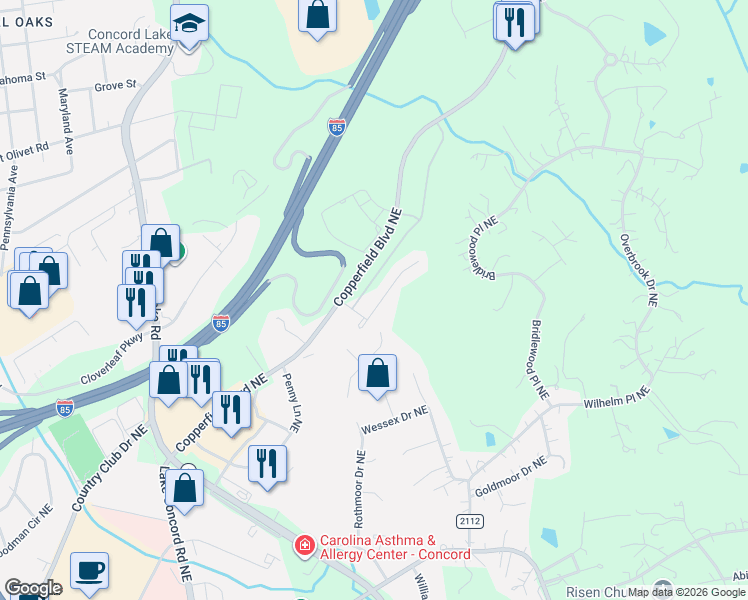 map of restaurants, bars, coffee shops, grocery stores, and more near 2521 Governors Pointe Court Northeast in Concord