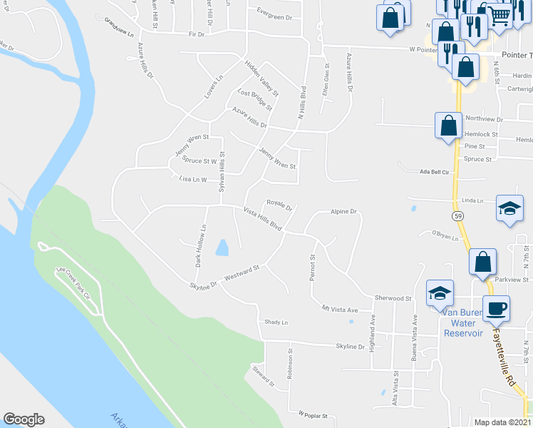 map of restaurants, bars, coffee shops, grocery stores, and more near 25 Royale Drive in Van Buren