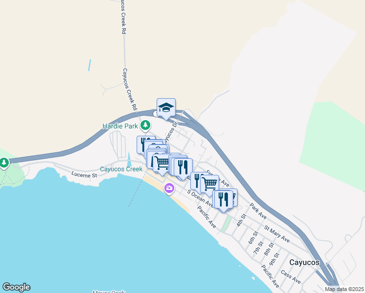 map of restaurants, bars, coffee shops, grocery stores, and more near 301 D St in Cayucos