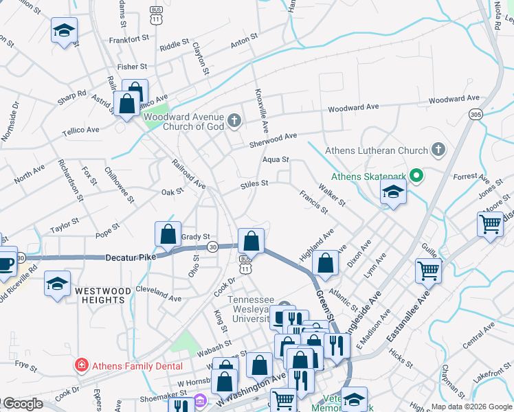 map of restaurants, bars, coffee shops, grocery stores, and more near 205 Knoxville Avenue in Athens