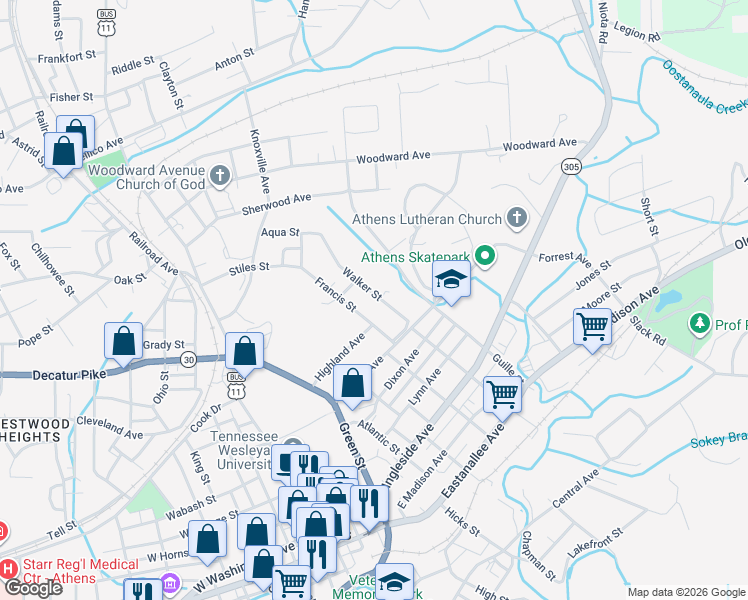 map of restaurants, bars, coffee shops, grocery stores, and more near 418 Walker Street in Athens