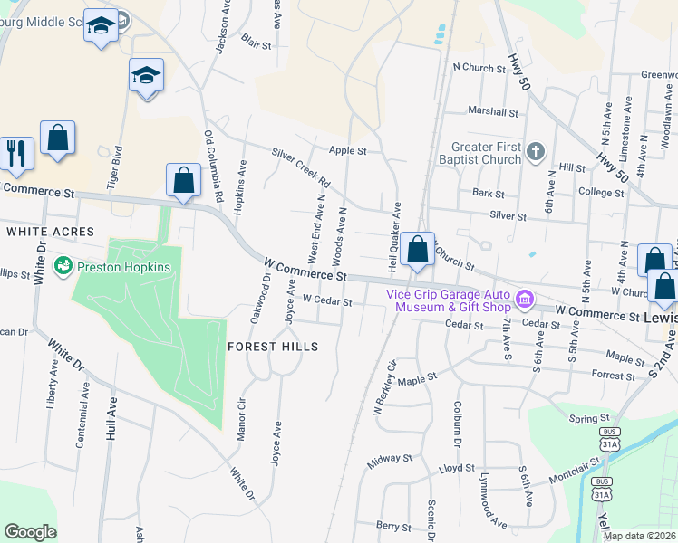 map of restaurants, bars, coffee shops, grocery stores, and more near 1074 West Commerce Street in Lewisburg