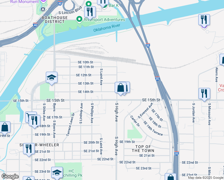 map of restaurants, bars, coffee shops, grocery stores, and more near 933 Southeast 14th Street in Oklahoma City