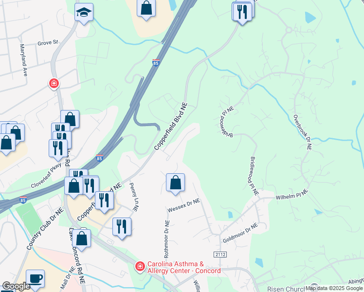 map of restaurants, bars, coffee shops, grocery stores, and more near 2536 Governors Pointe Court Northeast in Concord