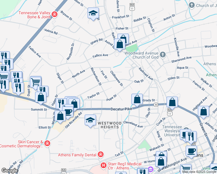 map of restaurants, bars, coffee shops, grocery stores, and more near 406 Taylor St in Athens