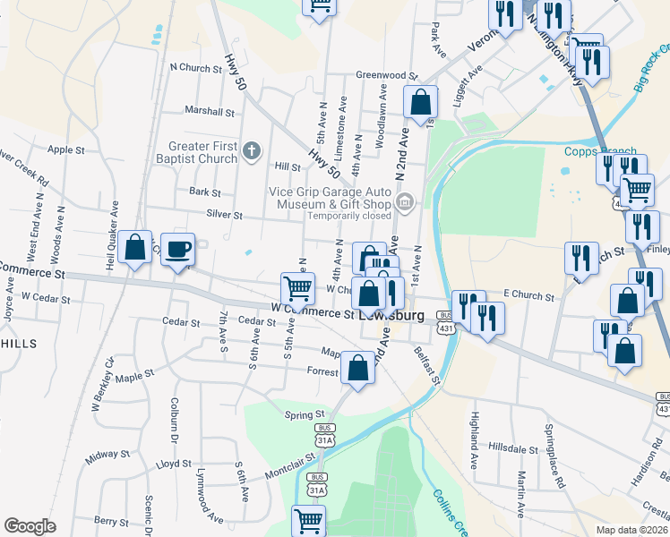 map of restaurants, bars, coffee shops, grocery stores, and more near 220 4th Avenue North in Lewisburg