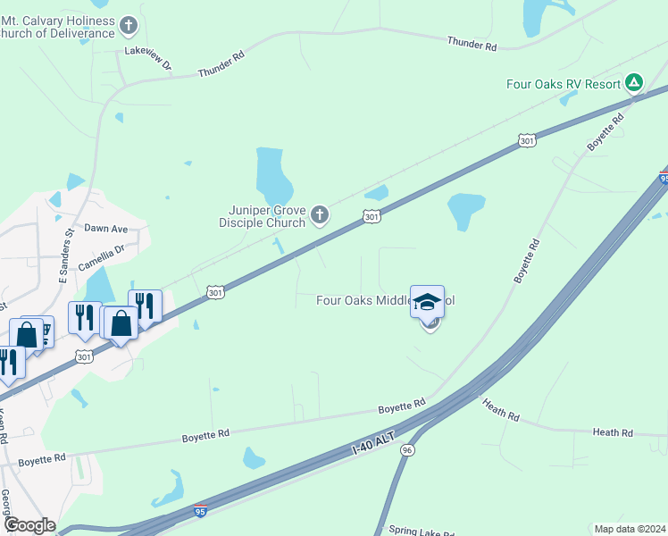 map of restaurants, bars, coffee shops, grocery stores, and more near 121 Evans Street in Four Oaks