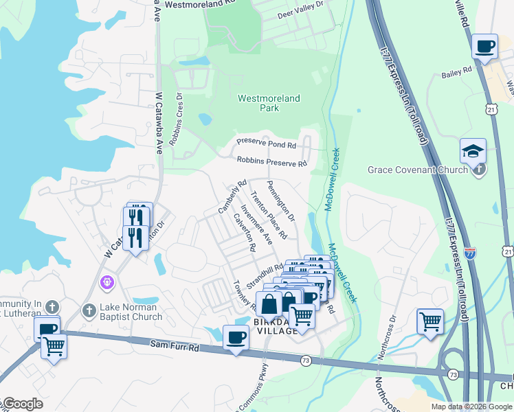 map of restaurants, bars, coffee shops, grocery stores, and more near 17538 Invermere Avenue in Huntersville