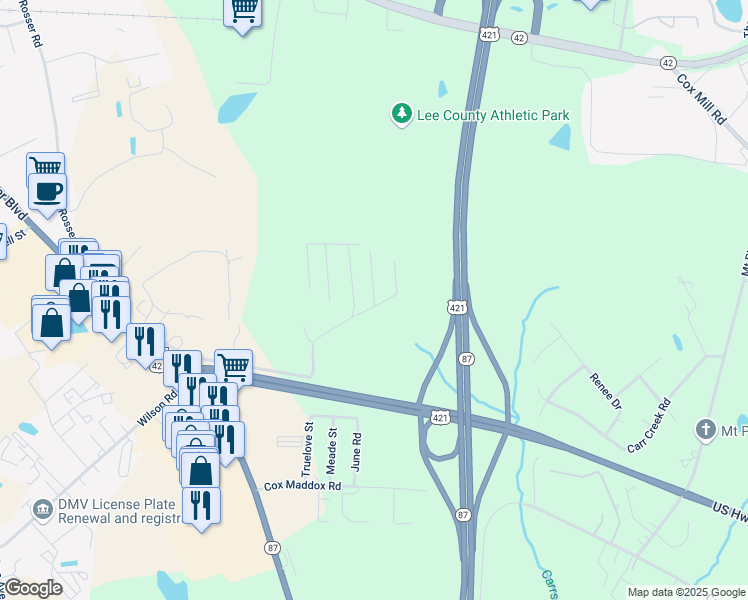 map of restaurants, bars, coffee shops, grocery stores, and more near 57 Bayberry Lane in Sanford
