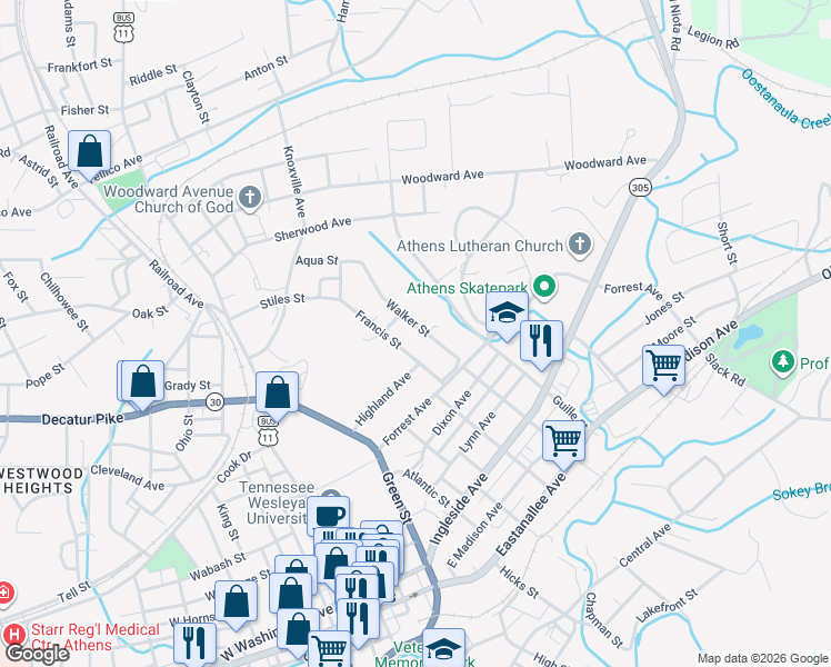 map of restaurants, bars, coffee shops, grocery stores, and more near 418 Walker Street in Athens