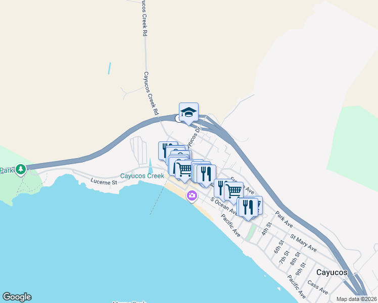 map of restaurants, bars, coffee shops, grocery stores, and more near 280 Cayucos Drive in Cayucos