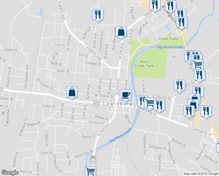map of restaurants, bars, coffee shops, grocery stores, and more near 300 North 3rd Avenue in Lewisburg