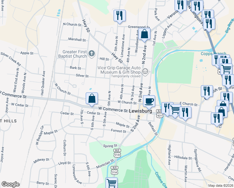 map of restaurants, bars, coffee shops, grocery stores, and more near 220 North 4th Avenue in Lewisburg