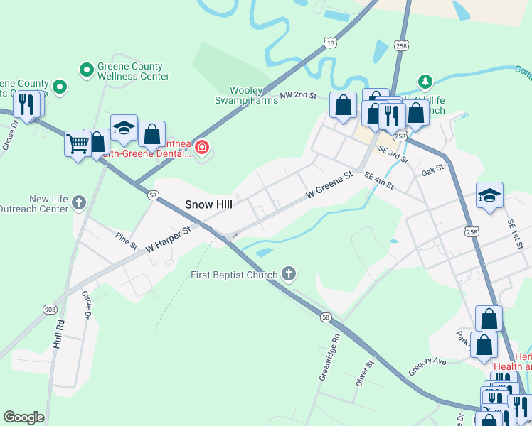 map of restaurants, bars, coffee shops, grocery stores, and more near 305 West Greene Street in Snow Hill
