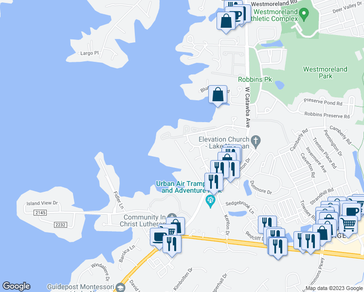 map of restaurants, bars, coffee shops, grocery stores, and more near 17100 Graysac Court in Cornelius