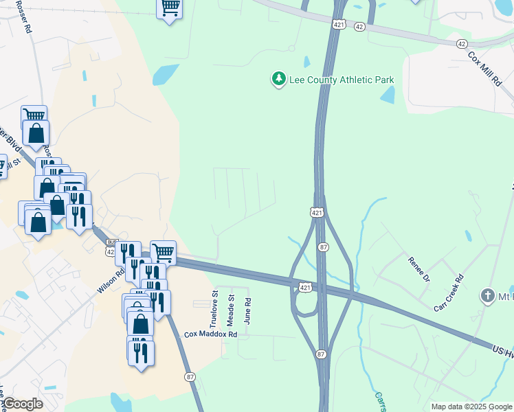 map of restaurants, bars, coffee shops, grocery stores, and more near 57 Bayberry Lane in Sanford