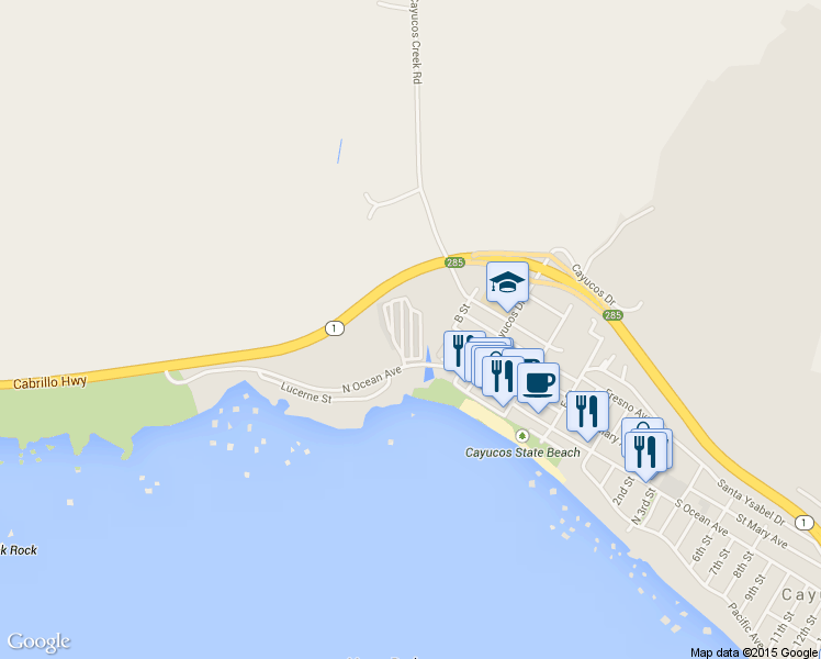 map of restaurants, bars, coffee shops, grocery stores, and more near 350 North Ocean Avenue in Cayucos