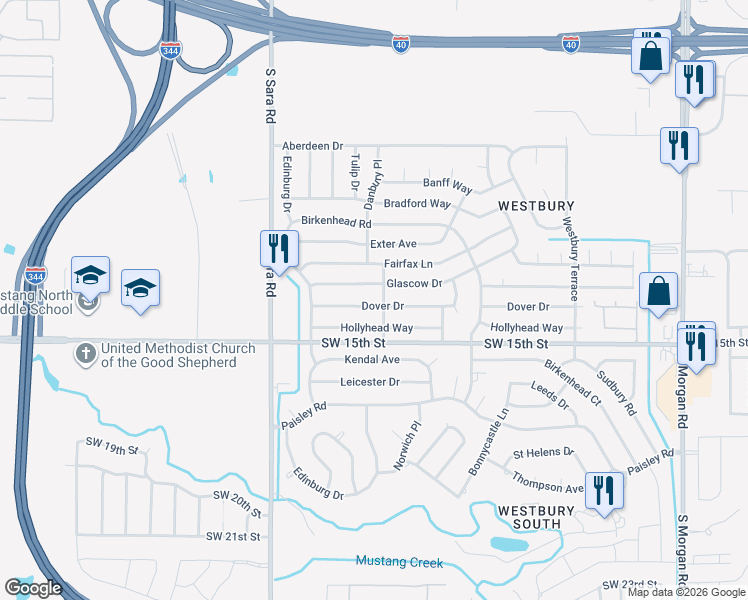 map of restaurants, bars, coffee shops, grocery stores, and more near 10405 Dover Drive in Yukon