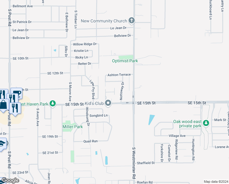 map of restaurants, bars, coffee shops, grocery stores, and more near 10820 Parke Place in Midwest City