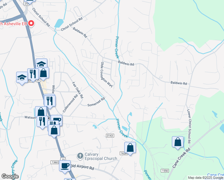 map of restaurants, bars, coffee shops, grocery stores, and more near 507 Olde Covington Way in Arden