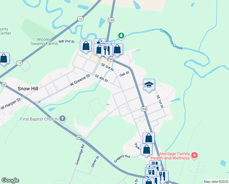 map of restaurants, bars, coffee shops, grocery stores, and more near 105 Francis Street in Snow Hill