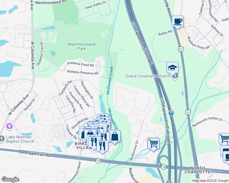 map of restaurants, bars, coffee shops, grocery stores, and more near 8429 Forest Shadow Circle in Cornelius