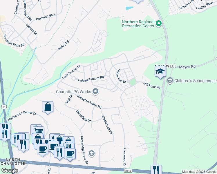 map of restaurants, bars, coffee shops, grocery stores, and more near 18259 Conductor Court in Cornelius