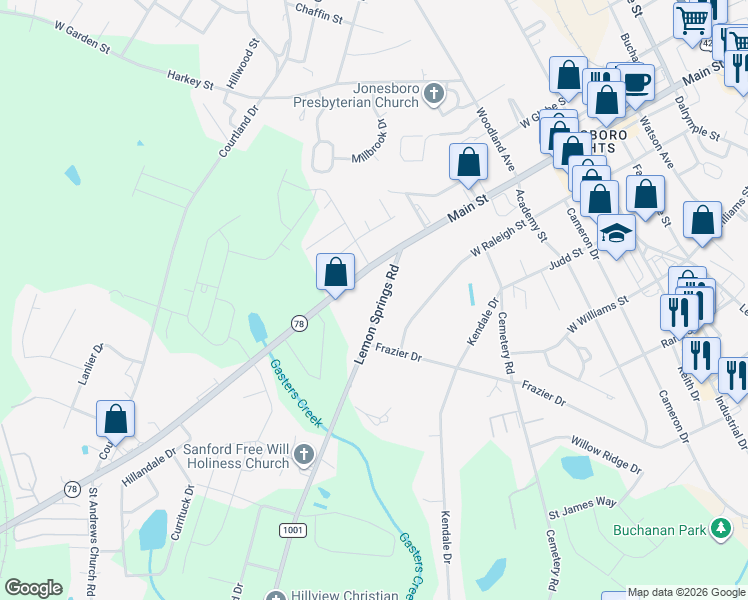map of restaurants, bars, coffee shops, grocery stores, and more near 2606 Lemon Springs Road in Sanford