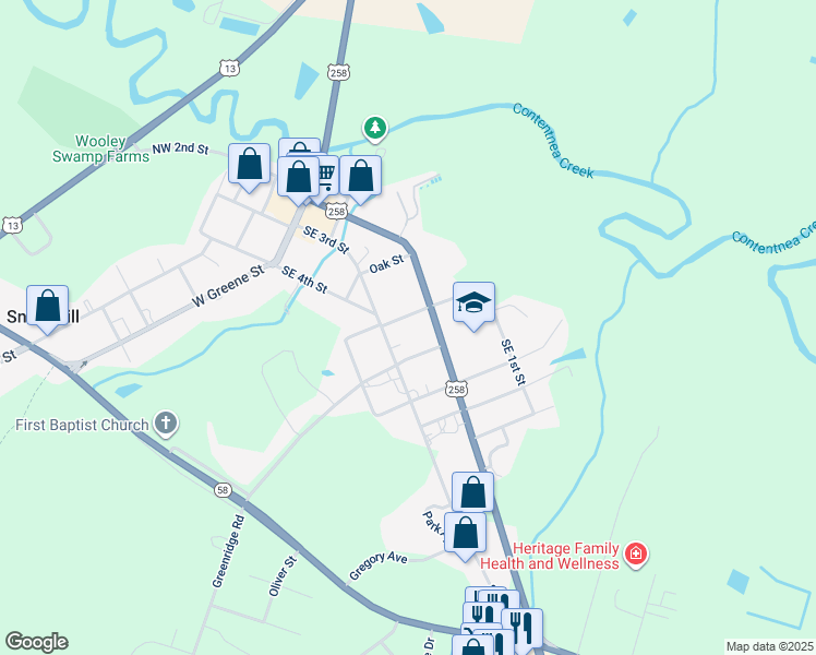 map of restaurants, bars, coffee shops, grocery stores, and more near 107 Dobbs Street in Snow Hill