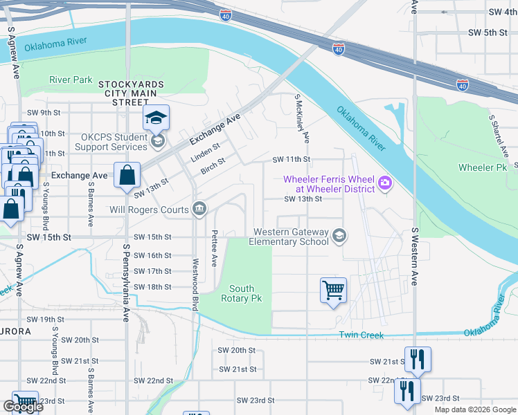 map of restaurants, bars, coffee shops, grocery stores, and more near 1500 South Indiana Avenue in Oklahoma City