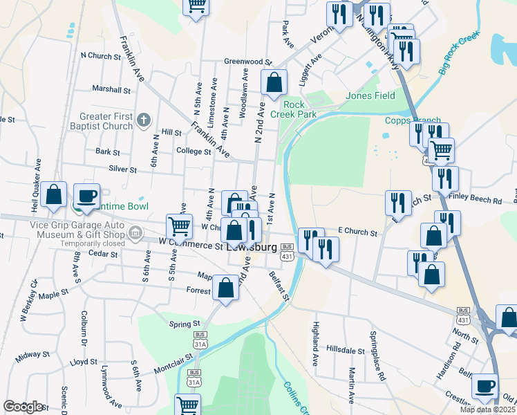 map of restaurants, bars, coffee shops, grocery stores, and more near 118 Water St in Lewisburg