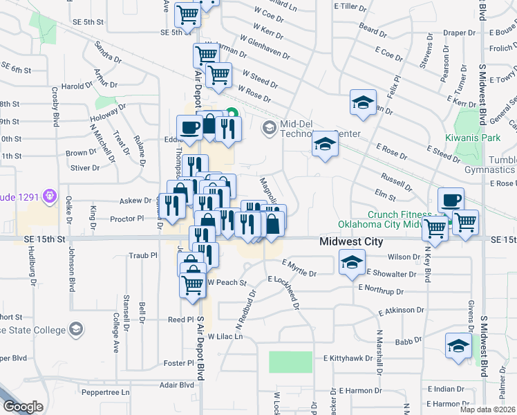 map of restaurants, bars, coffee shops, grocery stores, and more near 1407 East Lockheed Court in Midwest City