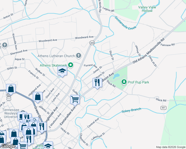 map of restaurants, bars, coffee shops, grocery stores, and more near 924 Moore Street in Athens