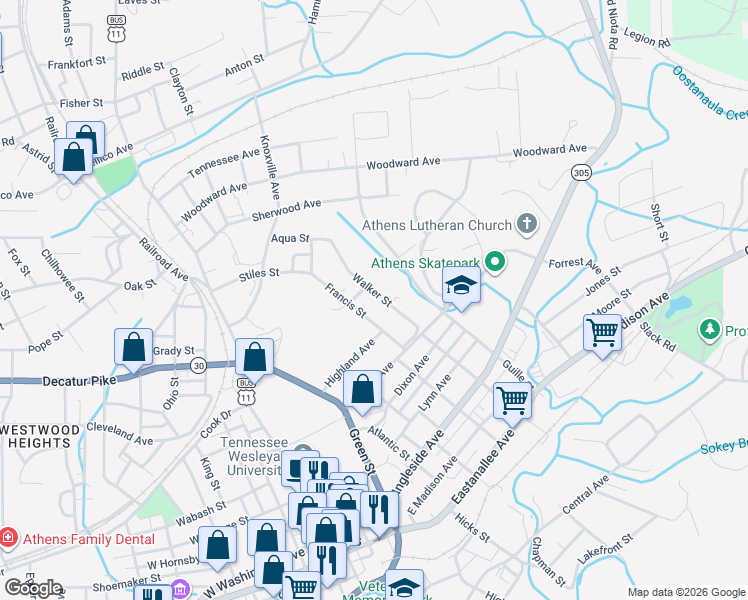 map of restaurants, bars, coffee shops, grocery stores, and more near 418 Walker Street in Athens