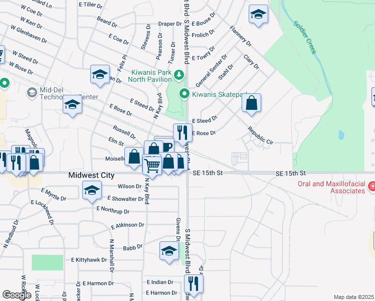 map of restaurants, bars, coffee shops, grocery stores, and more near 1400 South Midwest Boulevard in Midwest City