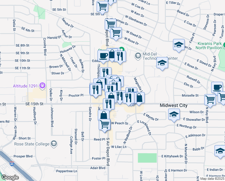 map of restaurants, bars, coffee shops, grocery stores, and more near 1300 Gateway Plaza in Midwest City