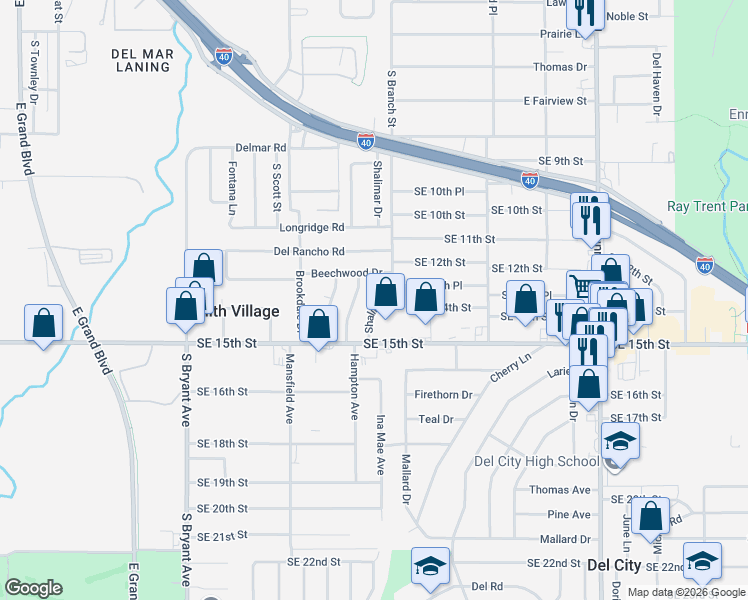 map of restaurants, bars, coffee shops, grocery stores, and more near 1424 Shalimar Drive in Del City