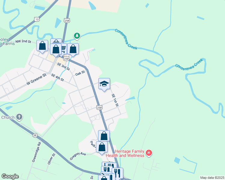 map of restaurants, bars, coffee shops, grocery stores, and more near 204 Southeast 1st Street in Snow Hill