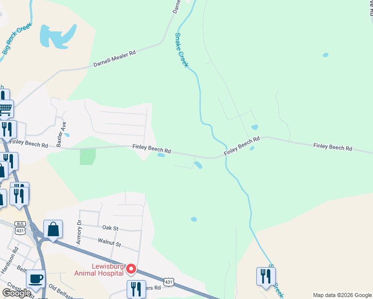 map of restaurants, bars, coffee shops, grocery stores, and more near 1190 Finley Beech Road in Lewisburg