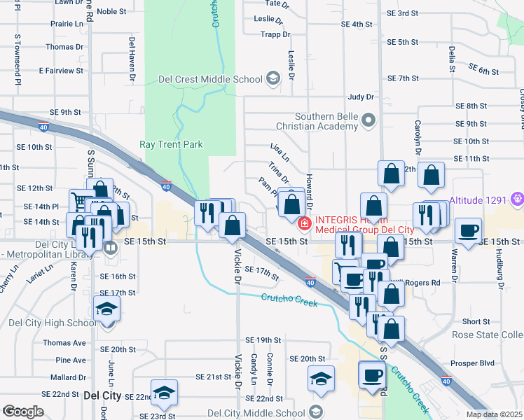 map of restaurants, bars, coffee shops, grocery stores, and more near 1129 Vickie Drive in Del City