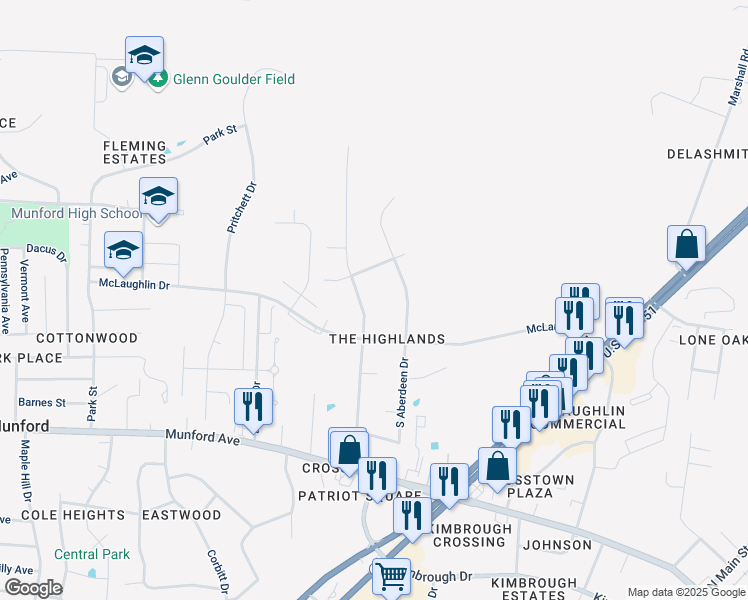 map of restaurants, bars, coffee shops, grocery stores, and more near 48 North Gretna Green Drive in Munford