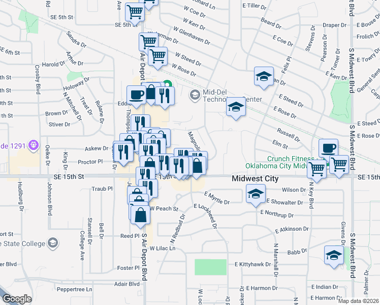 map of restaurants, bars, coffee shops, grocery stores, and more near 1407 East Lockheed Court in Midwest City