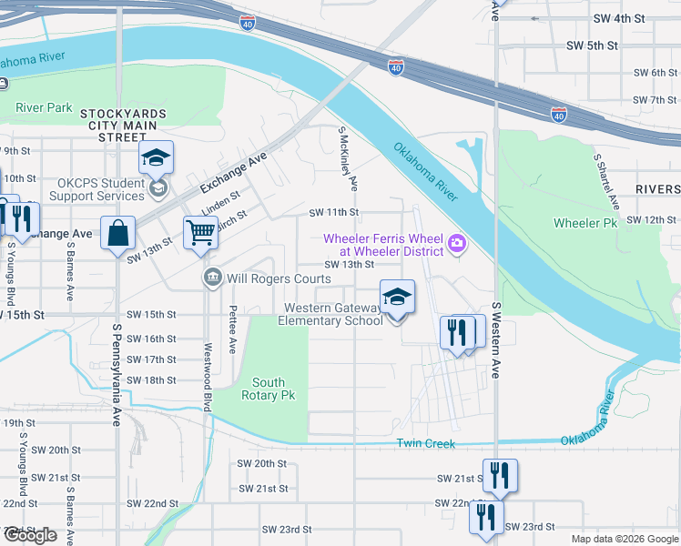 map of restaurants, bars, coffee shops, grocery stores, and more near 1409 Southwest 14th Place in Oklahoma City