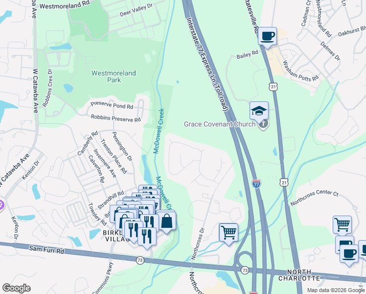 map of restaurants, bars, coffee shops, grocery stores, and more near 17128 Windy Oaks Court in Cornelius