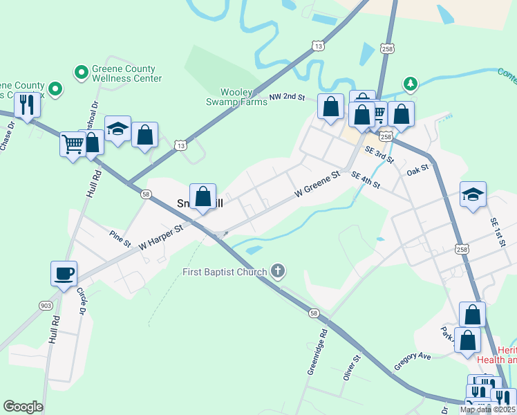 map of restaurants, bars, coffee shops, grocery stores, and more near 303 West Greene Street in Snow Hill