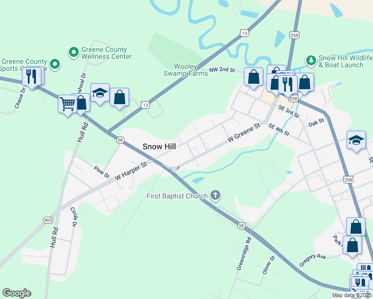 map of restaurants, bars, coffee shops, grocery stores, and more near 105 7th Street in Snow Hill